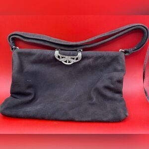 Tosoni Black Velvet Purse Evening Bag Silver Rhinestone Clasp 9x6”